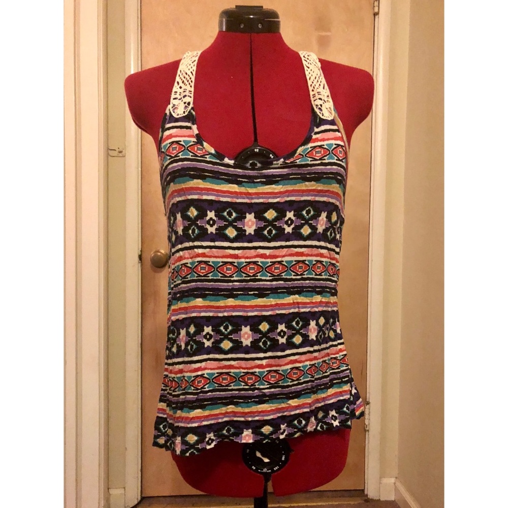 Multicolor Tribal Racerback Tank w/ Crochet back